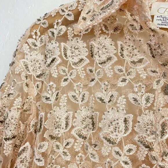 Cache Top Blouse Womens Size Medium Ivory Beaded Lace Floral Heavy - Picture 6 of 13